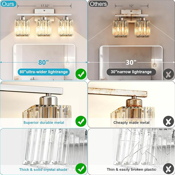 GOLSPARK 3 Light Crystal Bathroom Light Fixtures, Modern Brushed Nickel Vanity Lighting Fixtures, Vanity Light Over Mirror for Bathroom, E26 Socket Crystal Wall Light Square Shades (Bulbs Excluded)