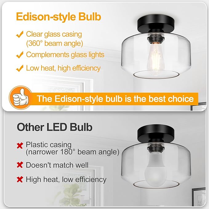 Industrial Semi Flush Mount Ceiling Light, 800 Lumen LED Bulb Included, Clear Glass Shade Ceiling Light Fixture, Farmhouse Light Fixture for Hallway Corridor Kitchen Bathroom Bedroom Passway