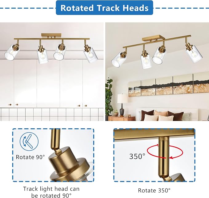 MELUCEE 4 Light Track Lighting Kit Brass Bathroom Vanity Light Fixtures with Adjustable Track Head Ceiling Spotlight Fixture for Hallway Porch Foyer Storage, Clear Glass Shade