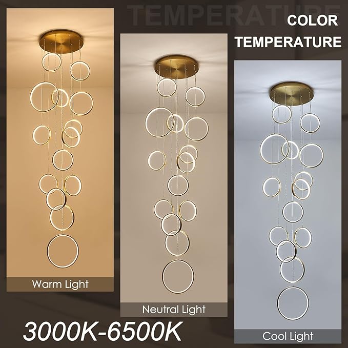 14 Ring High Ceiling Chandelier Foyer, Gold Modern LED Large Staircase Long Chandeliers Light Fixture with Remote for Staircase Entryway Living Room Dining Room(118in, 3000K-6500K)