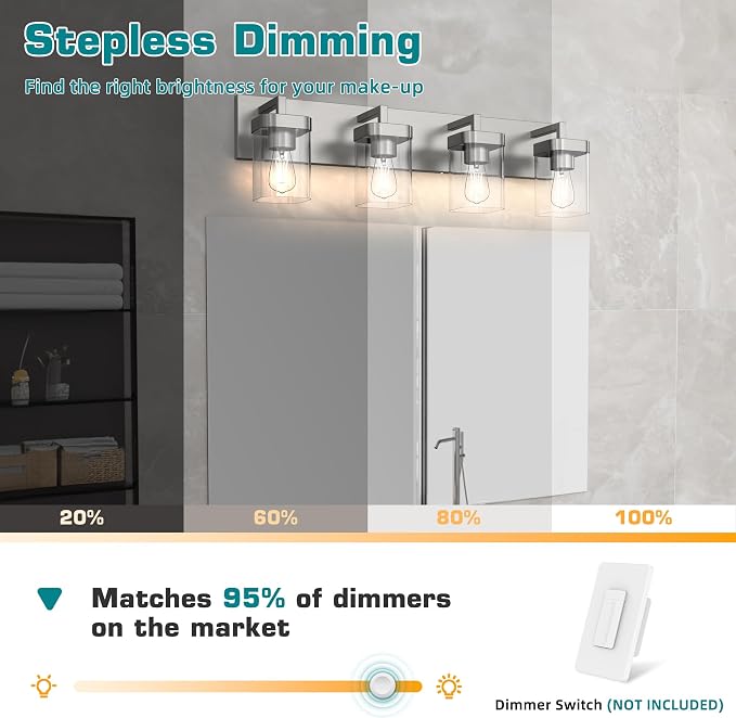 4-Light Bathroom Light Fixtures, Brushed Nickel Vanity Lights for Bathroom, Kitchen, Living Room, Modern Bathroom Vanity Lights with Clear Glass Shades