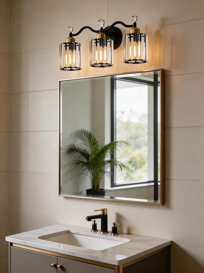 Black&Gold Bathroom Vanity Light Fixtures Over Mirror,3-Light Crystal Bathroom Light Fixtures,Vanity Light Fixtures Over Mirror,Wall Sconce with Clear Crystal Glass Shade, Kitchen, Living Room