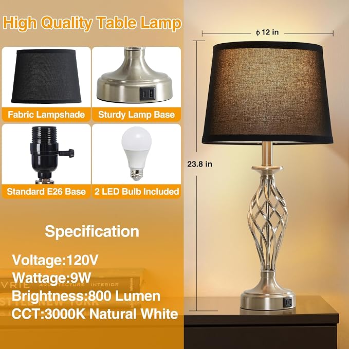 Table Lamp for Bedroom Set of 2 with USB C+A Ports, Modern Bedside Lamps with Spiral Cage Base, Fabric Shade, Nightstand Lamp for Living Room Reading Bed Side End Table, 2 LED Bulbs Included (Silver)