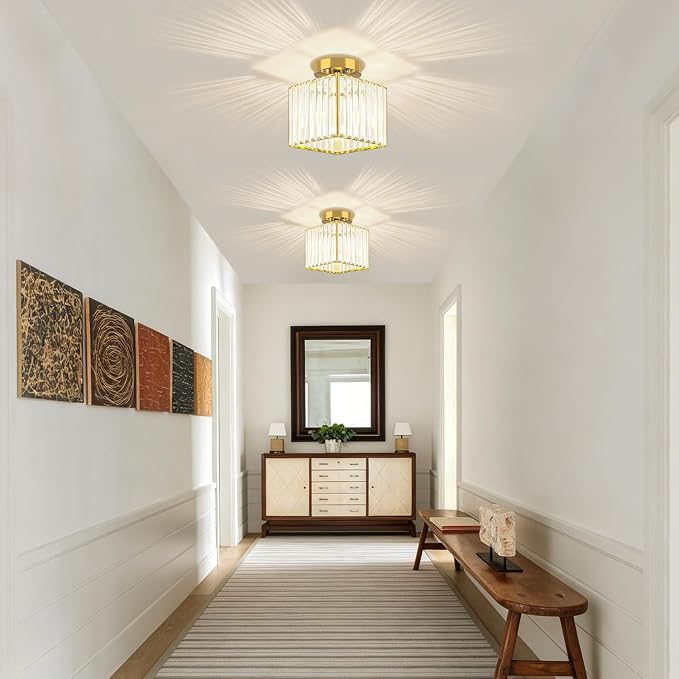 Modern Brushed Gold Hallway Entryway Light Fixtures Crystal Ceiling Lamp | 2-Pack, 7.24 Inch, E26 Dimmable, Bathroom Bedroom Semi Flush Mount Ceiling Light, Kitchen Dining Room Foyer Light Fixtures