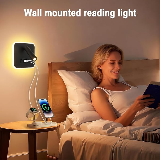 LED Wall Sconce Plug in With Wall Mounted Reading Lights,Modern Black Wall Lamp for Bedroom With Charging Station USB C+A Ports,Headboard Bedside Lamp for Living Room With 3W+9W Night Light