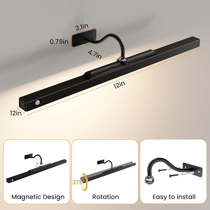 Wireless Picture Light for Wall with Motion Sensor, 24 Inch, Black, 1 Pack | 6000mAh Battery, Cordless, Magnetic Detachable Bar, Rechargeable, Remote Control, 3CCT Dimmable, for Artworks/Photos