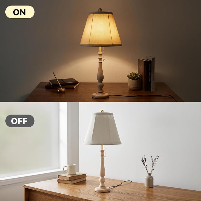 LALISU Farmhouse Table Lamps Rustic Bedroom Lamps for Living Room, 24.41" Boho Bedside Lamp with Chain Switch for Night Stands End Table Office Desk Lamp Nightstand with Linen Shades (Washed White)