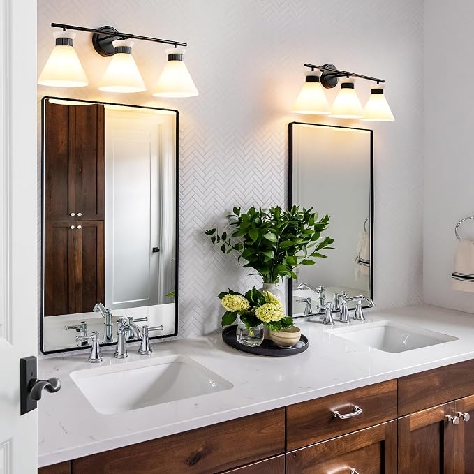 Black Bathroom Vanity Light Fixtures: Vanity Lighting Fixtures over Mirror 23.4 inch with Milky White Frosted Glass, 3-Lights Farmhouse Vintage Vanity Lighting Bathroom Wall Light(Exclude Bulb)