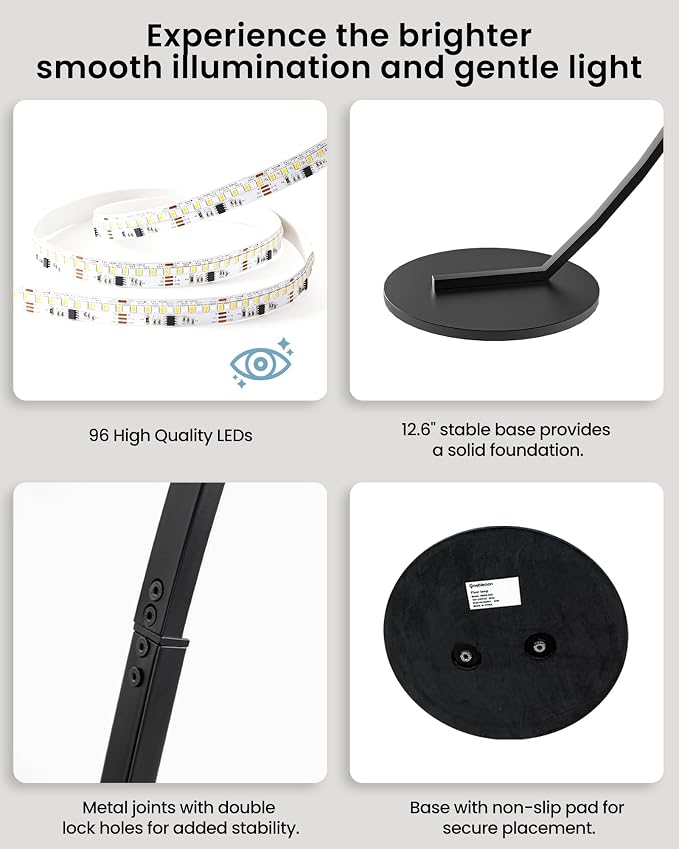 75 inch Dimmable LED Arc Floor Lamp for Living Room with Foot and Remote Control, 3 Color Temperatures, 3000K-6000K Whites, LED Corner Lamp, Modern Standing Tall Lamp for Bedroom B62LD05
