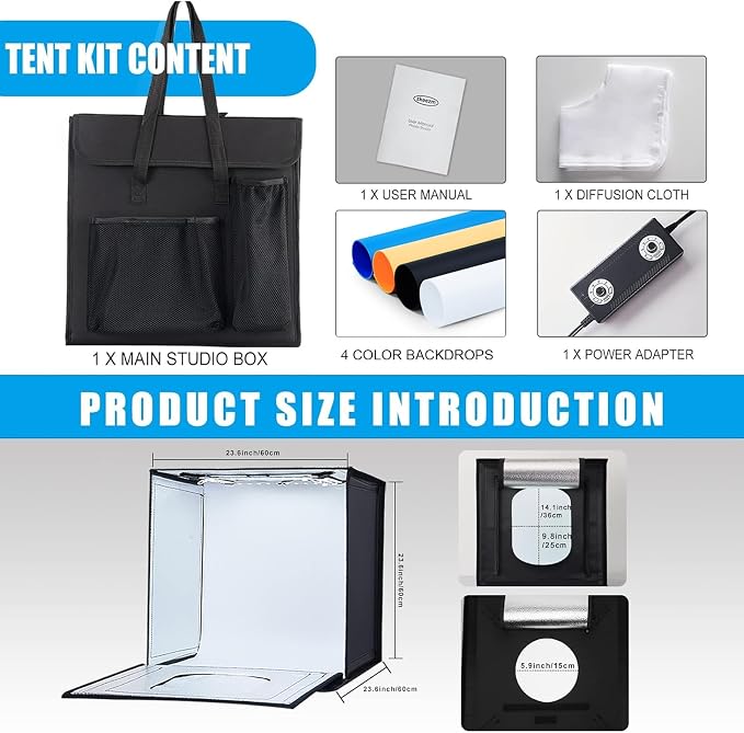 Photo Studio Light Box, 24"x24" Professional Dimmable Portable Photo Box with 240 LEDs Lights & 4 Kinds Double-Sided Color Backgrounds for Product Photography