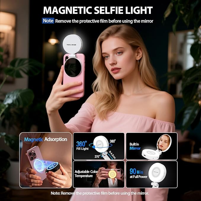 Magnetic Selfie Light for MagSafe iPhone: 3 Light Modes, Rechargeable 360° Rotatable LED Phone Ring Fill Light with Mirror for Photography, Makeup, TikTok, Zoom, Video Conference, White