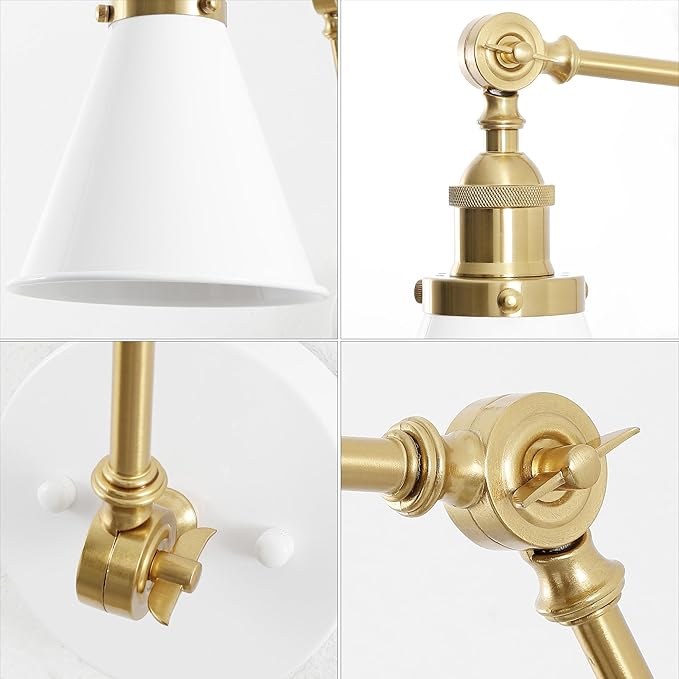 JONATHAN Y 7" White/Brass Gold Classic Industrial Metal Adjustable Arm LED Wall Sconce for Bedside Reading, Farmhouse Swing Arm Wall Lamp with Metal Shade, Hardwired (JYL7462B)
