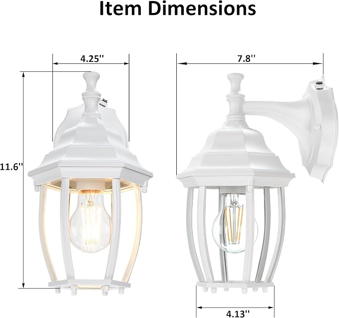 Outdoor Wall Light Fixture, Rustproof Aluminum, Glass | Dusk to Dawn Large Exterior Porch Light Wall Sconce Lantern for House, Patio, Garage, Waterproof, E26 Socket 60W Max, White