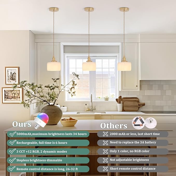 Battery Operated Pendant Light 5000mAh Rechargeable Chandelier with Remote Control Wireless Adjustable Hanging White Striped Light for Kitchen Island Dining Room Hallway