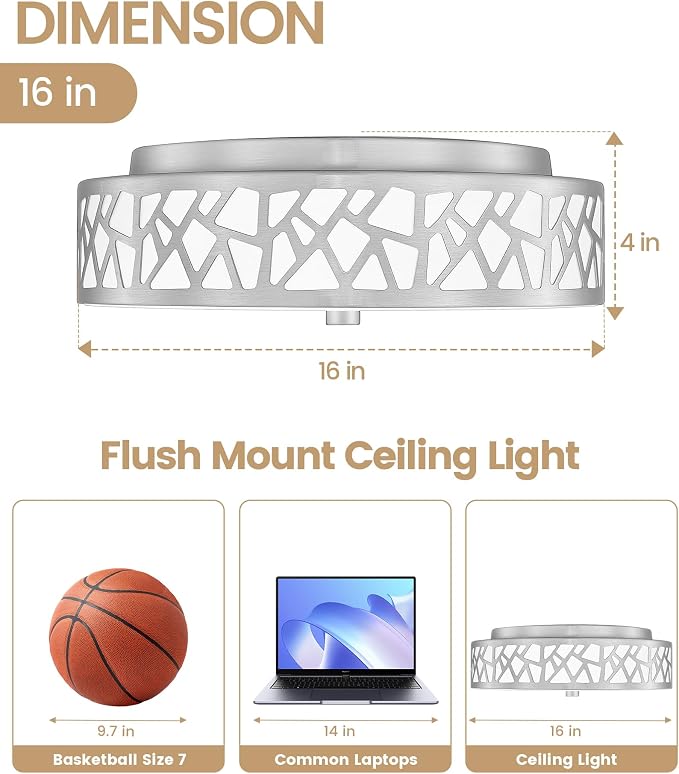 3-Light Flush Mount Ceiling Light, 16 Inch Modern Light Fixture with Brushed Nickel Metal and Frosted Glass Shade for Bedroom, Hallway, Kitchen
