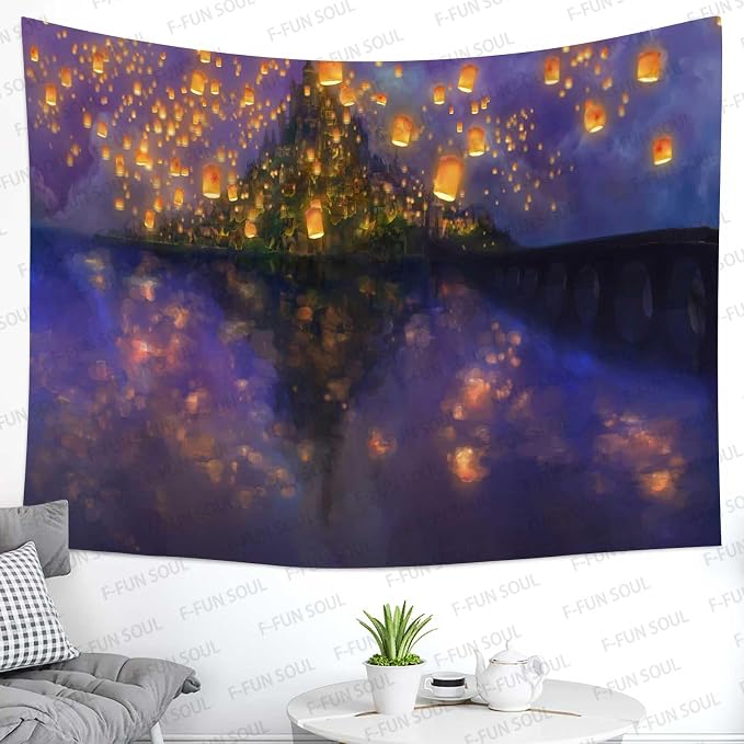 F-FUN SOUL Night Castle Tapestry, 60x60inchs Soft Flannel, Cartoon Castle lantern Fuzzy Pattern Wall Hanging Tapestries for Bedroom Living Room Decor GTOKFS0775