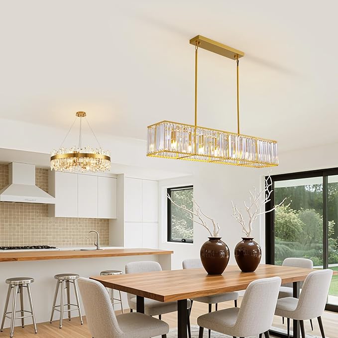 Siljoy Modern Crystal Chandelier 7-Light Rectangle Gold K9 Crystal Raindrop Chandelier Luxury Dimmable Linear Crystal Pendant Ceiling Light for Dining Room Living Room Kitchen Island L47''