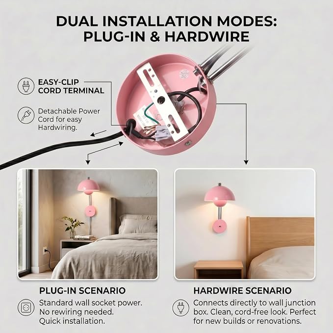 COSYLUX Mid-Century Modern Bud Plug in Wall Sconces for Bedroom, Light Pink | Indirect lighting reading wall lamp, all-metal construction, plug-in or hardwired install, fits bedroom bedside, living room