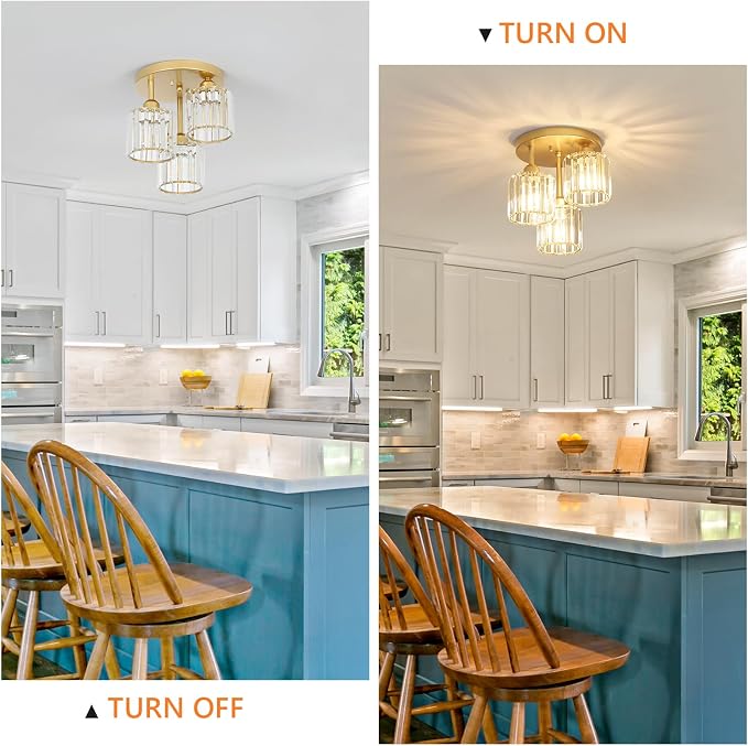 PAUFUL Modern Semi Flush Mount Ceiling Light,3-Light Golden Crystal Close to Ceiling Light Fixtures,Kitchen Light Fixtures with Clear Crystal Shade,Hallway Light Fixtures for Hallway Bedroom Bathroom