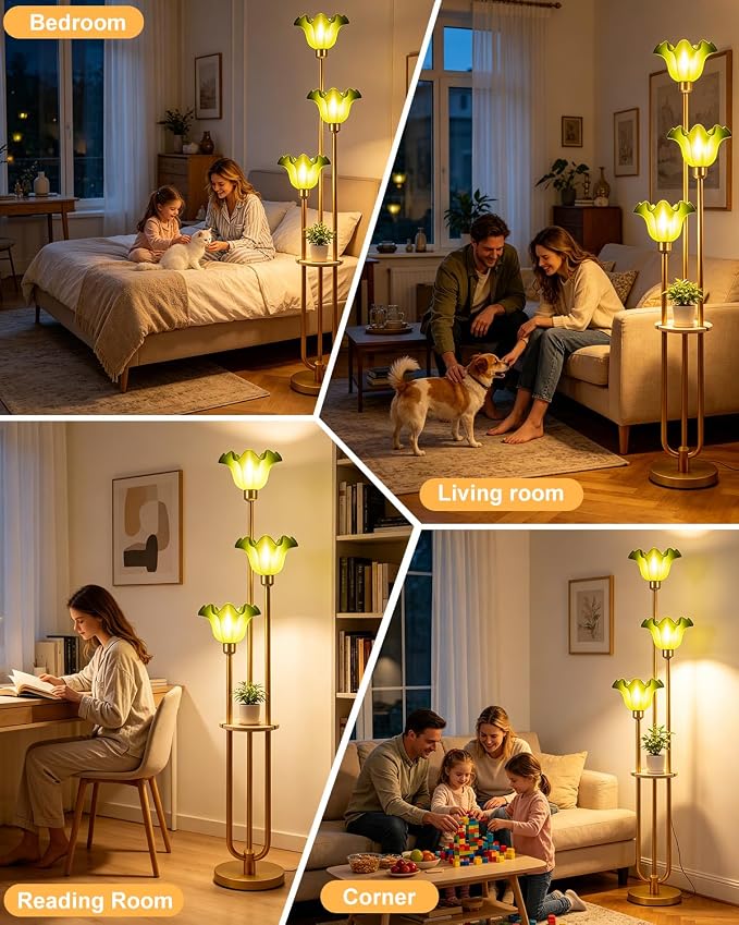 Green Flower Floor Lamp for Living Room, Mid Century Modern Floor Lamp Dimmable with Shelf & LED Bulbs, 3 Light Warmwhite Gold Tall Standing Lamp for Bedroom Girls Room Home Decor