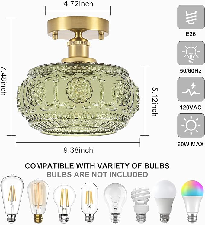 Semi Flush Mount Ceiling Light Fixture - Brass & Gold Floral Design, Green Glass Shade, Vintage Modern Lighting for Kitchen, Bathroom, Entryway (Bulb Not Included)