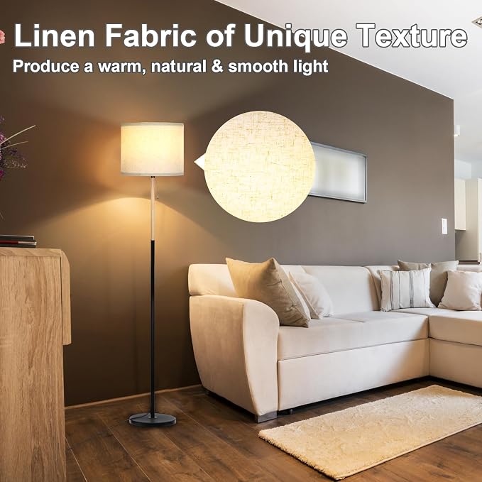 Bedroom Floor Lamp Farmhouse Floor Lamps for Living Room Mid-Century Pole Lamp with Linen Lamp Shade, Standing Tall Floor Lamps for Bedrooms and Office (White+ Wood Black Pole)