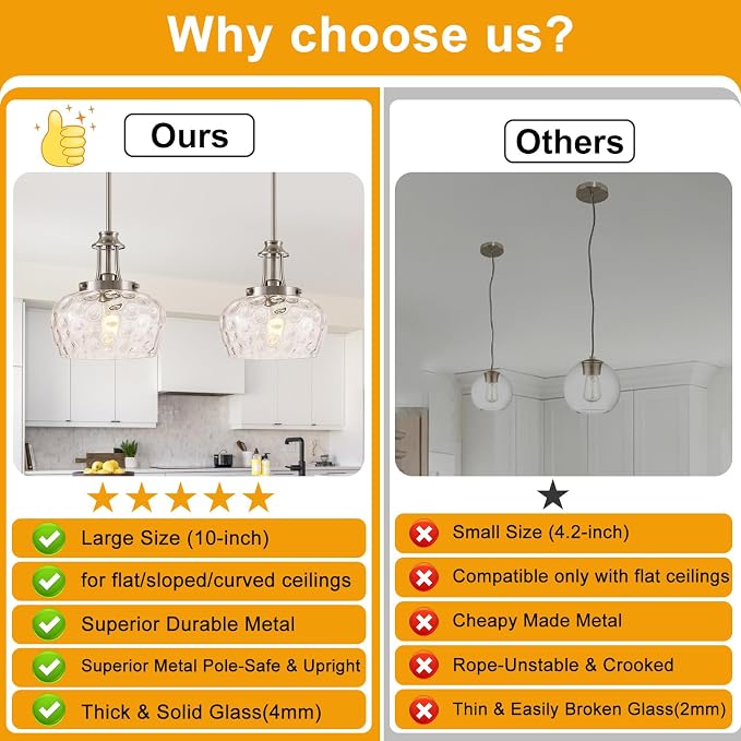 Modern Pendant Lights Kitchen Island, Brushed Nickel Pendant Light Fixtures with 10" Clear Hammered Glass Shade, Industrial Hanging Pendant Lights Fixture for Kitchen Island Dining Room Bedroom Foyer
