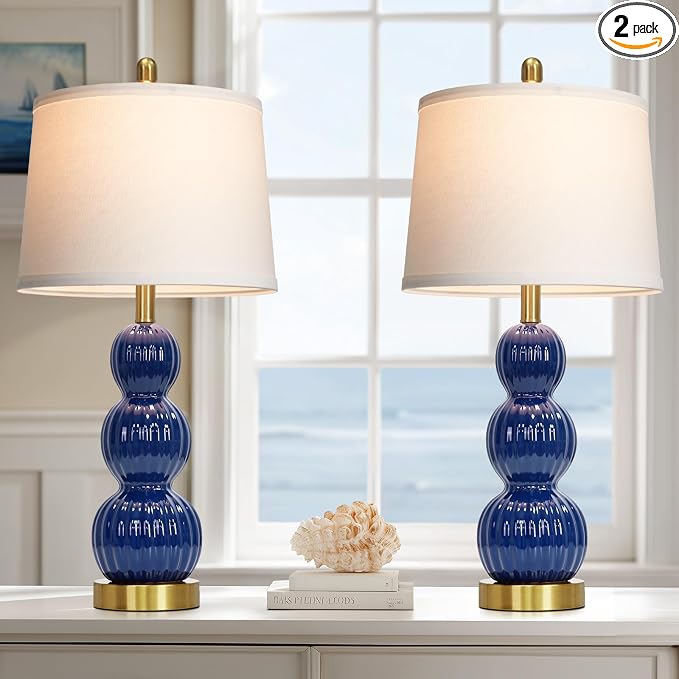28" Navy Blue Table Lamps Set of 2 for Living Room, Modern Ceramic Bedside Lamps for Bedroom, Ribbed Gourd Table Lamps for Nightstand (2 LED Bulbs Included)