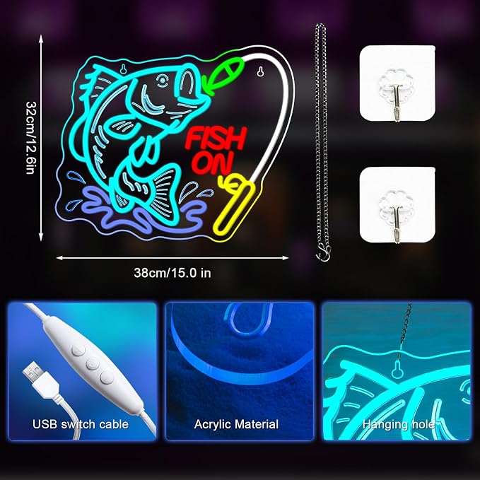 Fish On Neon Sign Dimmable Fish Neon Light for Wall Decor LED USB Powered Fishing Hook Lights for Bedroom Living Room Man Cave Yacht Fishing Art Decor fot Teens Boy Men Gifts