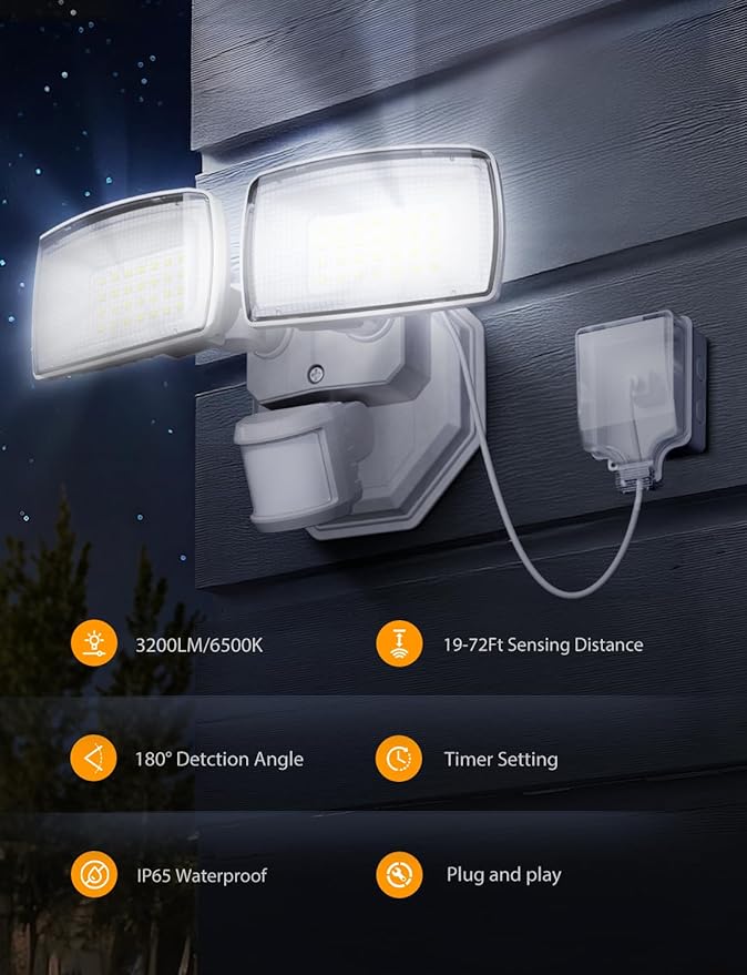 Onforu 32W Plug in Motion Sensor Lights Outdoor, 3200LM Motion Flood Light Dusk to Dawn, IP65 Waterproof Led Security Light Outside, 2 Heads Motion Activated Wall Light for Garage, Porch, Yard - White