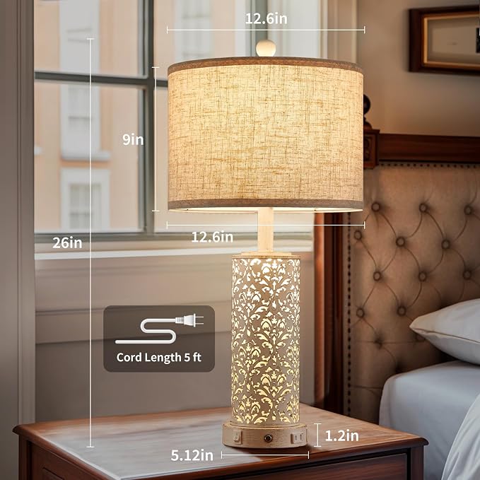 SAIWEYA 26" Farmhouse Table Lamp for Living Room Bedroom, Dimmable Touch | 3 Way Dimmable, 2 USB Ports + AC Outlet Bedside Lamp for Nightstand, LED Bulb Included, Fabric Shade, Flower Metal Body