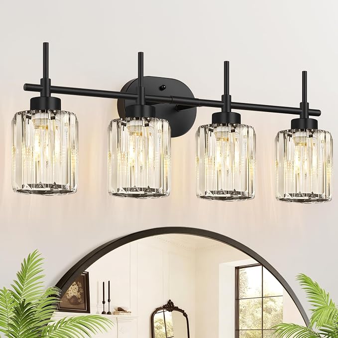 Matte Black 4-Light Crystal Bathroom Vanity Light, Modern Bathroom Light Fixture Over Mirror, Black Vanity Lighting for Bathroom, Bulbs Not Included