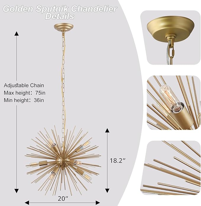 Modern 20in Gold Sputnik Chandelier 9-Lights Mid-Century Starburst Chandelier Solid Metal Firework Satellite Urchin Light Fixture Over Table for Foyer Dining Room Kitchen Bedroom Living Room