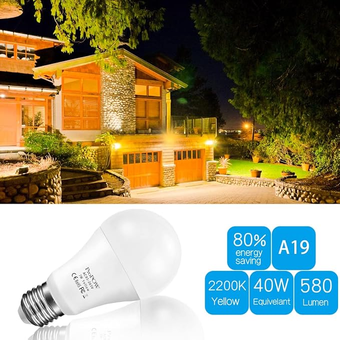 Amber Yellow LED Light Bulb, 7W Dusk to Dawn Bulbs 40W Equivalent A19 Auto on/Off LED Bulbs Outdoor Lights 580 Lumens Porch Lights(Non-Dimmable,E26,2200K,2 Pack)