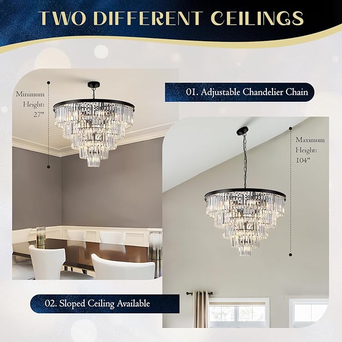 30" Black Crystal Chandelier Large Round Chandeliers Modern 16 Lights 5-Tier Luxury K9 Crystal Ceiling Pendant Lighting Fixture for Foyer Staircase Living Room Dining Room