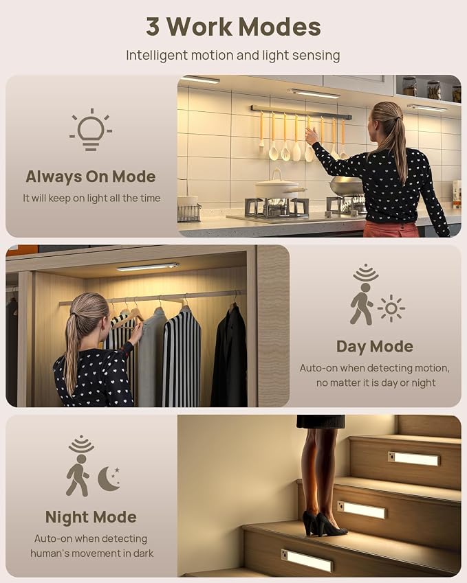8 Pack Under Cabinet Lighting Rechargeable 12” Motion Sensor Light Indoor | 2500mAh Closet Lights Wireless, 3 Color Temps & Dimmable, Timer, Magnetic Under Counter Lights for Kitchen, Wardrobe, Stairs