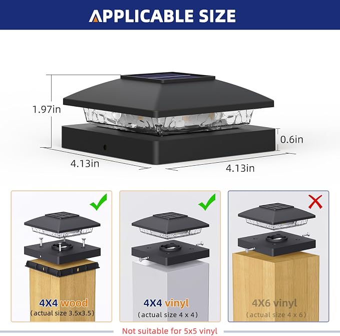 APONUO Solar Post Cap Lights for 4x4 Posts - IP64 Waterproof, 3000K LED, No-Wire Fence Lights & Deck Lights for Patio Garden Yard Patio, Black-Warm White, 16 Pack