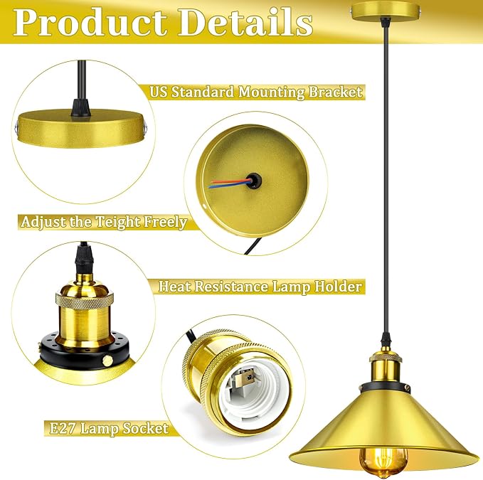 6 Pieces Industrial Pendant Lights E26 E27 Base Farmhouse Lampshade for Hanging Light Vintage Metal Shade Fixtures Barn for Kitchen Dining Room Home Bar Foyer (Gold)