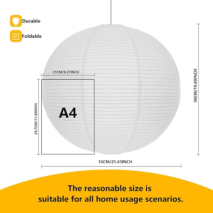 (21.65inch) Large White Round Paper Lamp Shade, Chinese Foldable Pendant Lampshade,Ceiling Rice Paper Lantern Indoor Decor for Bedroom,Living Room