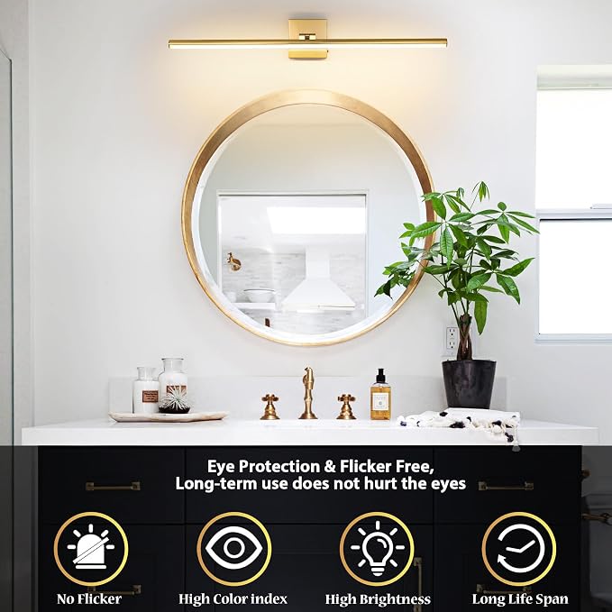 LED Bathroom Vanity Light, Modern Bathroom Light Fixture Over Mirror (3000K/4000K/6000K, Dimmable), Vanity Light Bar with Angle Adjustable, 32 Inch, Brass