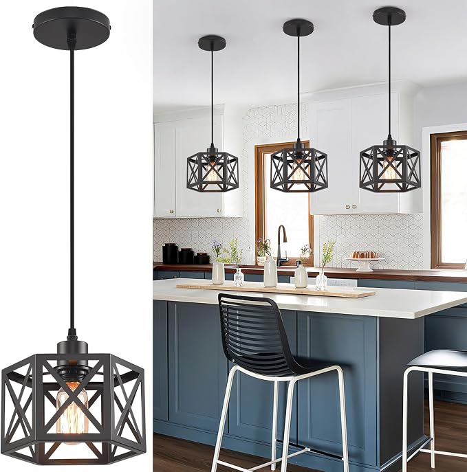 Farmhouse Pendant Light Fixture, Black Pendant Lights for Kitchen Island Industrial Lantern Pendant Light Fixtures with Light Shade, Adjustable Height Hanging Pendant Lighting