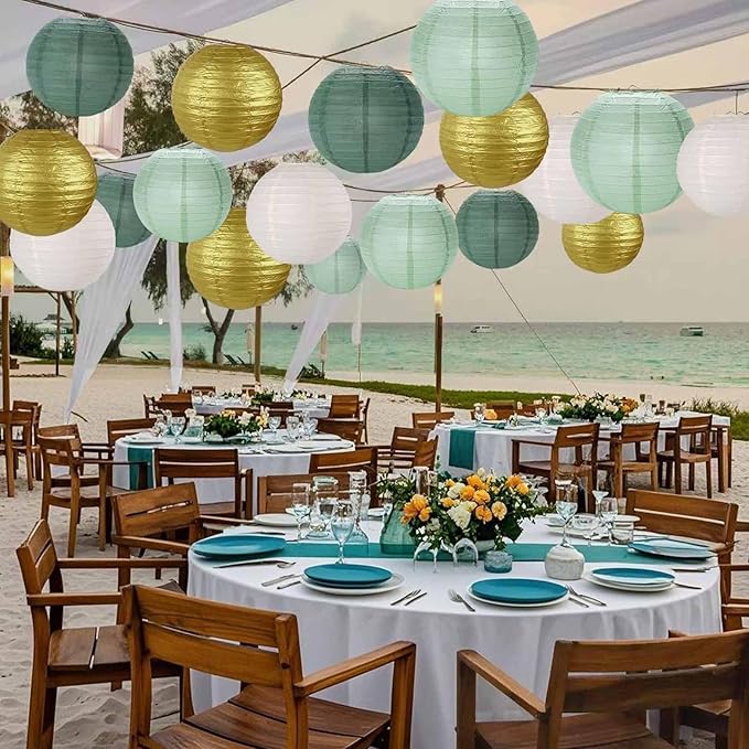 Sage Green Gold White Forest Green Paper Lanterns 12Pcs Hanging Round Paper Lanterns Decorative for Graduation Baby Shower Wedding Birthday Family Parties ﻿