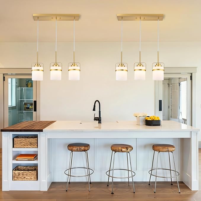 Brass 3-Light Pendant Lighting, Adjustable Hanging Light Fixture with Milk Glass Shade, Modern Pendant Light for Kitchen Island Dining Room Bar Over Sink/Table/Counter