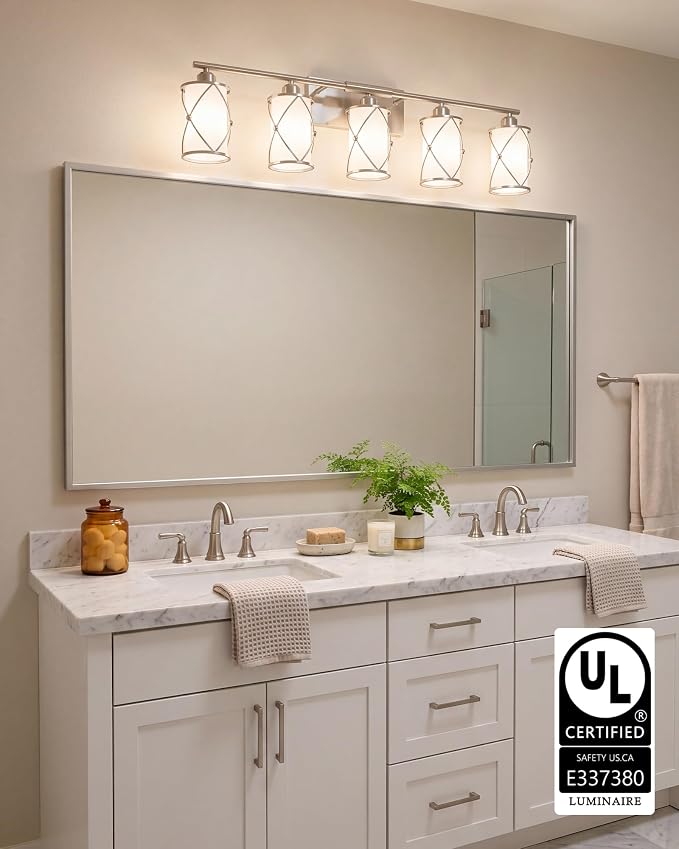 5-Light Brushed Gold Bathroom Light Fixtures Over Mirror, 42" UL-Listed Modern Wall Sconce Lights with Frosted Milk White Glass and Metal Cage for Bath, Hardwire E26, CH9176BNW-5W