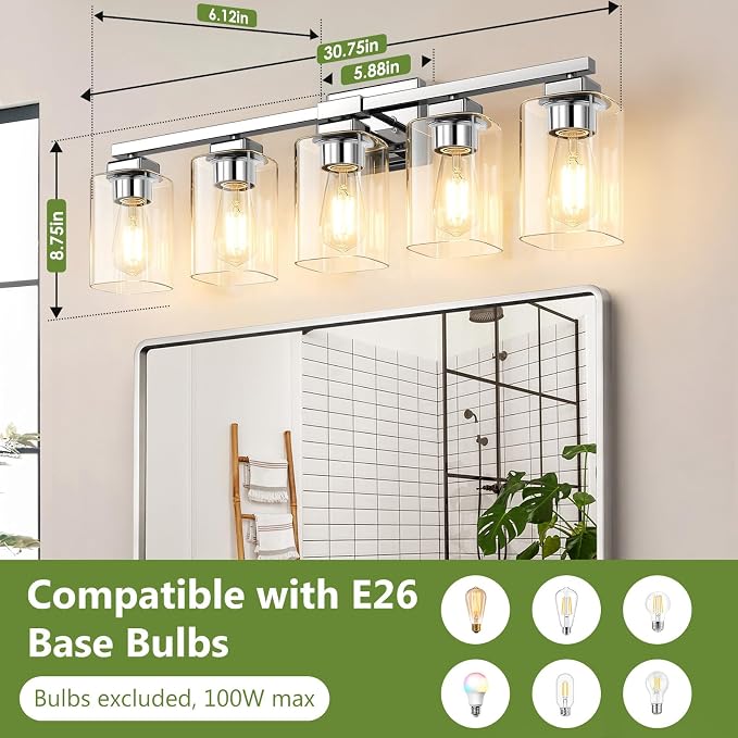 31” Bathroom Light Fixtures, 5-Light Vanity Light Chrome | Square Clear Glass & Durable Metal, Quick & Easy Installation, Standard E26 Socket, Bright Bathroom Lighting