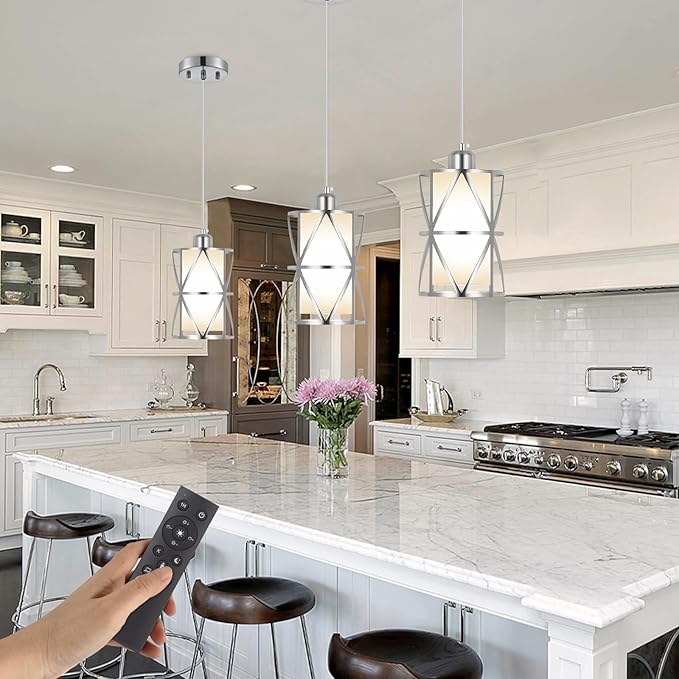 Pendant Lights Kitchen Island with LED Bulb & Remote Control, Height Adjustable Cord Pendant Lights with Frosted Glass, Modern Island Lights for Kitchen, Hanging Lights for Dining Room