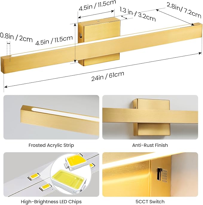Gold Bathroom Vanity Light - 24 Inch 20W Dimmable 5CCT LED Bathroom Light Fixtures Over Mirror, Modern Vanity Light Bar for Bathroom Mirror Cabinets Bedroom