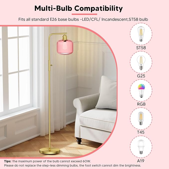 66" Dimmable Gold Standing Lamp with Pink Ribbed Glass for Living Room | Vintage Floor Lamp with Brushed Gold, Stepless Rotary Switch and 3000K LED Bulb, Arc Floor Lamp for Bedroom & Study Room