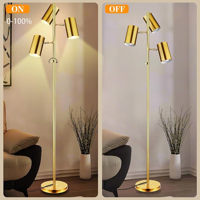 Ldeco Tree Floor Lamp for Living Room,Stepless Dimmable Gold Standing Tall Pole Lamp with 3 Bulbs,Modern Reading Floor Lamp for Living Room Bedroom Office,9W E26 LED Bulbs Includeds (Gold-Dimmable)