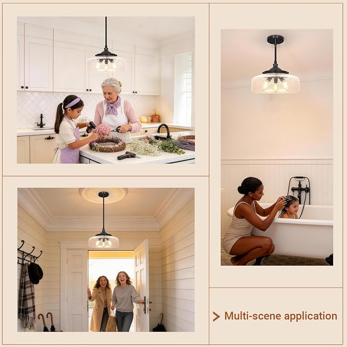 Black Vintage 3-Light Pendant Lights Kitchen Island, Adjustable Height Kitchen Island Lighting, Bathroom Pendant Light with Bubble Glass Shade- Dual Mount Ceiling & Hanging Fixtures with 90° Swivel